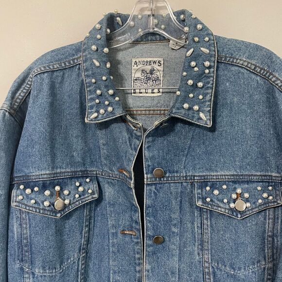 Andrew’s Blues Vintage Pearl Studded Oversized Jean Denim Jacket - Picture 3 of 16